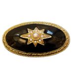 Vintage 1928 Brand Faux Seed Pearl Domed Oval Black Enamel Brooch Pin Gold Tone Photo 4