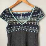 Free People  Wool Knit Fair Isle Sweater Dress Teal Blue Charcoal Gray Size Large Photo 4