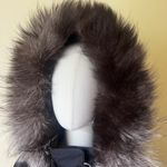 The Fur Vault Black Cape Jacket Silver Fox Trim Hood Made in Greece Size 44 Photo 2