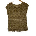 Mango MNG  Women's Olive Round Neck Short Sleeve Boho Crochet Fringe Top XS‎ Photo 1