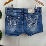 Miss Me  Blue Denim Distressed Destroyed Embellished Mid Rise Curvy Shorts 31 Photo 1