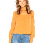 Line and Dot NWT  Thea Square Neck Blouse Caramel Puffed Sleeves Size Medium Photo 13