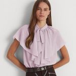 Ralph Lauren Tie-Neck Crinkle Georgette Cape Blouse in Light Purple, Size XL NWT Photo 0