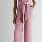 EXPRESS  Pink Satin V-Neck Tie Waist Wide Leg Jumpsuit Photo 0