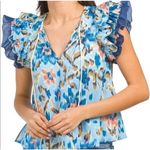 House of Harlow 1960 Size S Zoey Floral Cotton Ruffle Flutter Sleeves Top Blue Photo 0