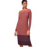 Loft NWT Striped Long Sleeve Henley Midi Dress in Copper Red/Navy Photo 27