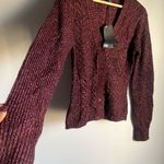 Paige NEW Nanari Metallic Cable Knit V-Neck Cardigan in Burgundy Sparkle Photo 5