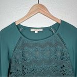 Loft  hunter green lace overlay crochet mix media long sleeve dressy top xs Photo 2
