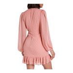 EXPRESS -FAUX WRAP MINI DRESS-SIZE XS V neck, faux wrap front, long sheer sleeves, ruched skirt with ruffles down the side, tiered ruffle hem, metallic fit fabric, fully lined except for sleeves, excellent condition, like new Measurements: Bust: armpit to armpit 16 1/2 inches Waist: side to side 13 inches Length: shoulder seam to bottom 32 inches Photo 3