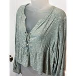 SO  Juniors Floral Print Lace Up Peasant Blouse Top Sage Green Large Crop Shirt Photo 2