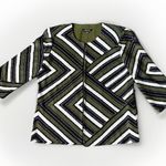 Misook  L Round Neck Knit Jacket Cardigan Green Black Contrast Trim Geometric Photo 1