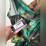 Pretty Little Thing  Green Print Satin Strappy Cowl Neck Side Gathered MIDI Dress Photo 3