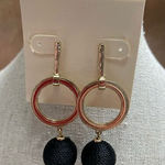 NWT Gold Drop Hoop Earrings w/ Black String Wrapped Dangle Balls Photo 0