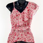 MISA Los Angeles MISA Floral Print Plunging Neck Asymmetrical Ruffle Wrap Tie Tank Blouse Red XS Photo 5