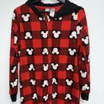 Disney  Mickey Mouse One Piece Pajamas Womens Medium Hooded Ears Red Black Fleece Photo 2
