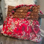 Blue Miami Vintage Weaved w/ Red Floral Fabric Satchel Purse 21x17 Inch BIG Photo 1