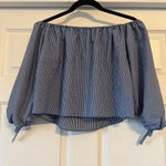 ZARA Women  Cropped Gingham Blouse XS Blue Black White Bow Sleeve Off Shoulder Photo 2