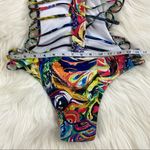 Abstract Plunging Strappy Cheeky Colorful Cutout Bathing Suit Photo 6