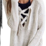 Aerie  Gray Chunky Knit XL Sweater Confetti Threads Lace-Up Pullover Photo 0