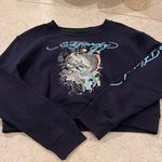 Ed Hardy Navy Koi Fish Logo On Back Cropped Pullover Sweatshirt XL NWT Photo 0