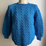 Handmade Vintage Women's Hand Cable Knit Wool Sweater Blue Half Heart Chunky Warm Small Photo 0