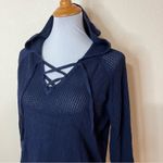 Michael Stars  navy blue lace up loose knit hooded pullover sweater LARGE Photo 2