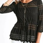 Free People #176 FIRE ISLAND BLACK CROCHET KNIT SCALLOP HEM BLOUSE SIZE LARGE Photo 0