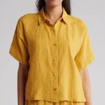 Eileen Fisher Mustard Yellow 100% Linen Short Sleeve Button Down Shirt Women XS Photo 0