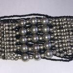 Silver Tone Black Seed Bead Boho Beaded Wide Stretchy Bracelet Photo 4