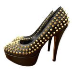 Vince Camuto Black Leather Gold Spike Studded Platform Pump Heels Size 6 Photo 0