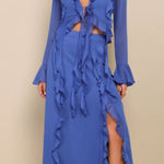 Lulus  Destined to Stun Blue Chiffon Ruffled Top and Skirt Set Photo 0