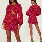 For Love & Lemons  ‘Lauren’ Red Floral Long Sleeve Front Cut Out Mini Dress Small Photo 1