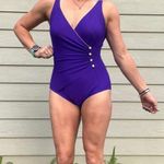 80s Longitude Royal Purple Ruched Faux Button Madonna One Piece Swimsuit 14 TALL Size L Photo 0