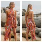 Sundress Amina Dress Size Large Fuchsia orange Print Halter Neck Asymmetric Hem Photo 2