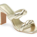 Open Edit  Sandals Size 6.5 Gold Metallic Twisted Double Strap‎ Slip On Heels Photo 0