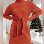 Fashion Long Sleeve Ribbed Knit Tie Waist Turtleneck Mini Sweater Dress NWT Orange Size XL Photo 0