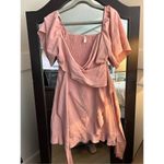 NEW V Neck Smocked Tiered Belted Ruffle Hem Mini Dress L Pink Size L Photo 2