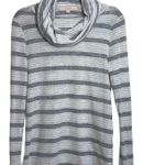 Loft Light Gray & White Striped Cowl Neck Plush Sweater Photo 0