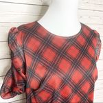 Red Plaid Ruched Sleeve Blouse Top Size Small Holiday Academia Preppy Office Photo 3