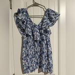 Rebecca Taylor  Off The Shoulder Blue White Floral Aimee Cotton Top Photo 4