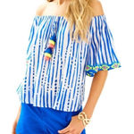 Lilly Pulitzer Shirt Multi Color Sain Off Shoulder Tassel Short Sleeve Medium Photo 0