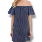Banana Republic Navy Blue White Striped Off Shoulder Mini Dress - Large Photo 0