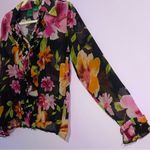 Everyday Clothing Co Silk Blouse Womens Size S Sheer Button Ruffle Dark Floral Black Photo 4