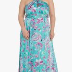 NWT R&M Richards Printed Cross Over Halter Dress In Color Jade / Pink Blue Size 14W Photo 1