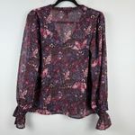 AQUA Top Women's Medium Purple Floral Sheer V-Neck Puff Sleeve Blouse Bohemian Photo 2