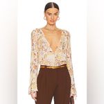 Free People INTIMATELY Cream Floral Print Bell Sleeve Bodysuit Bohemian Small Photo 4