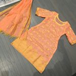 Indian Pakistani New Light Peach & Gold Organza Cotton Blend Stitched 2pc Suit Size M Photo 7