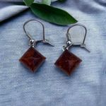 Sterling Silver 925 Diamond Shape Baltic Amber Drop Dangle Earrings Orange Photo 0