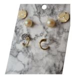 Gold Tone & Pearl Stud Earrings Set Of 3 On Marble Card White Photo 1