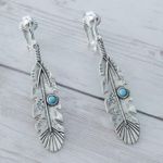 Vintage Clip On Earrings Silver Tone Feather with Turquoise Tone Accent Photo 2